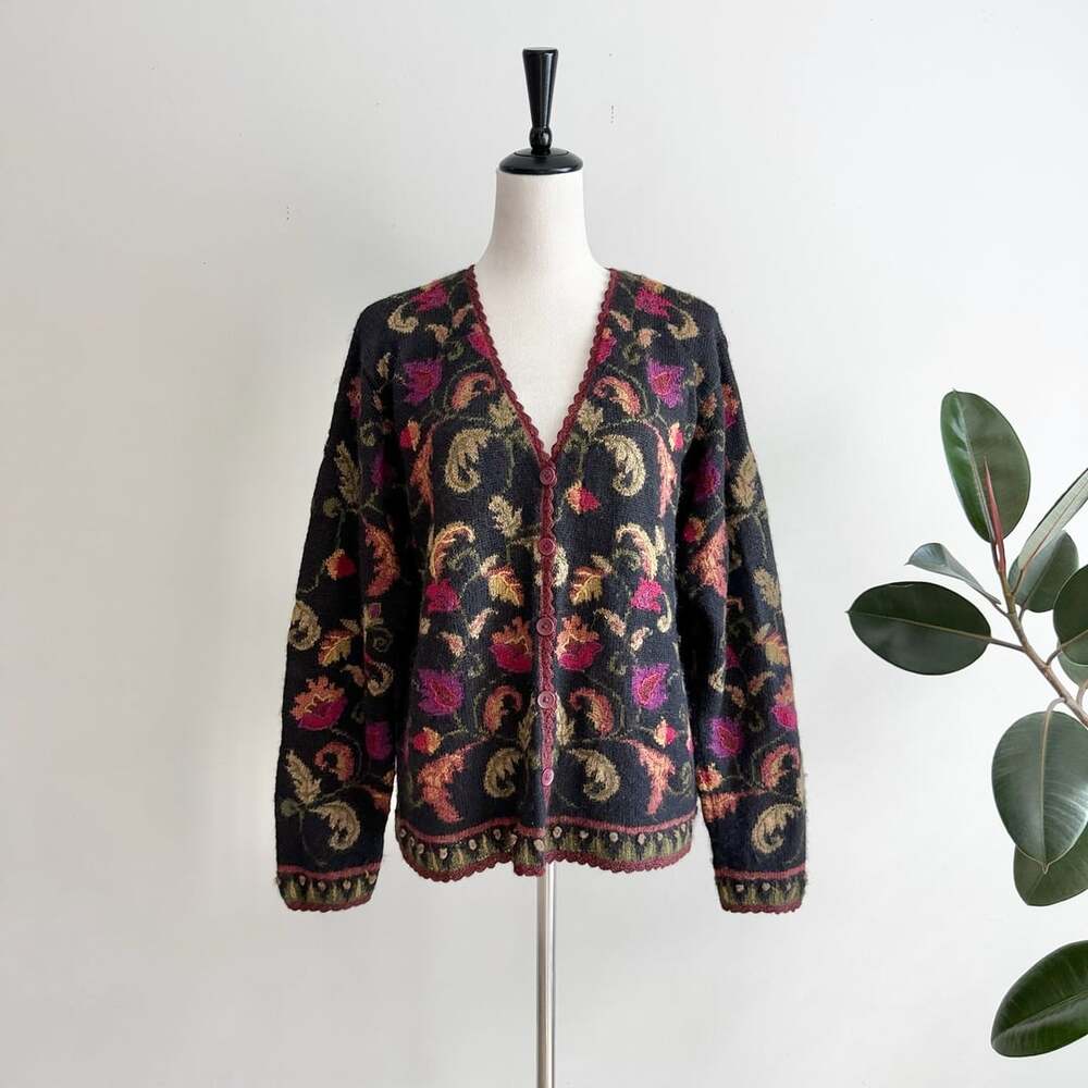 Peruvian Connection Black Floral Paisley Wool Blend Cardigan Sweater Jacket